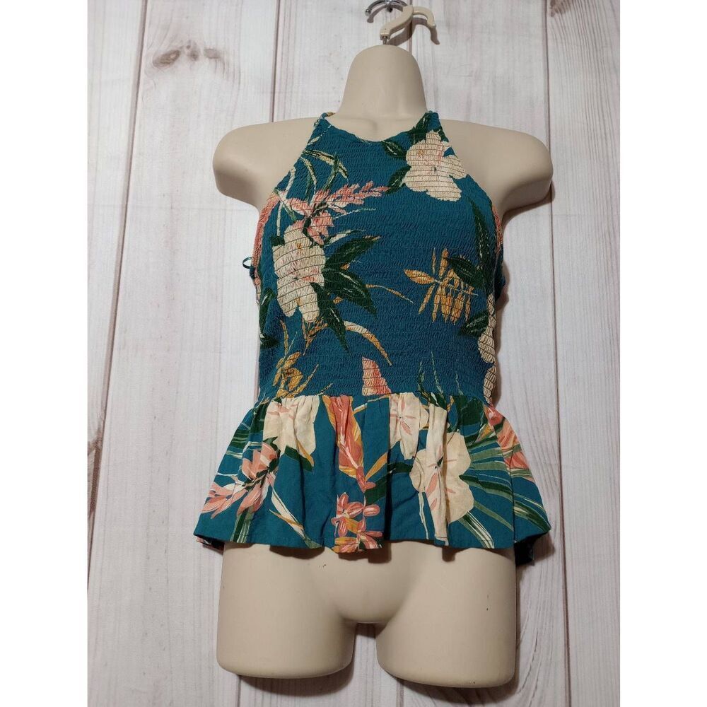 Patrons Of Peace Shirt Ladies Small Turquoise Floral Halter